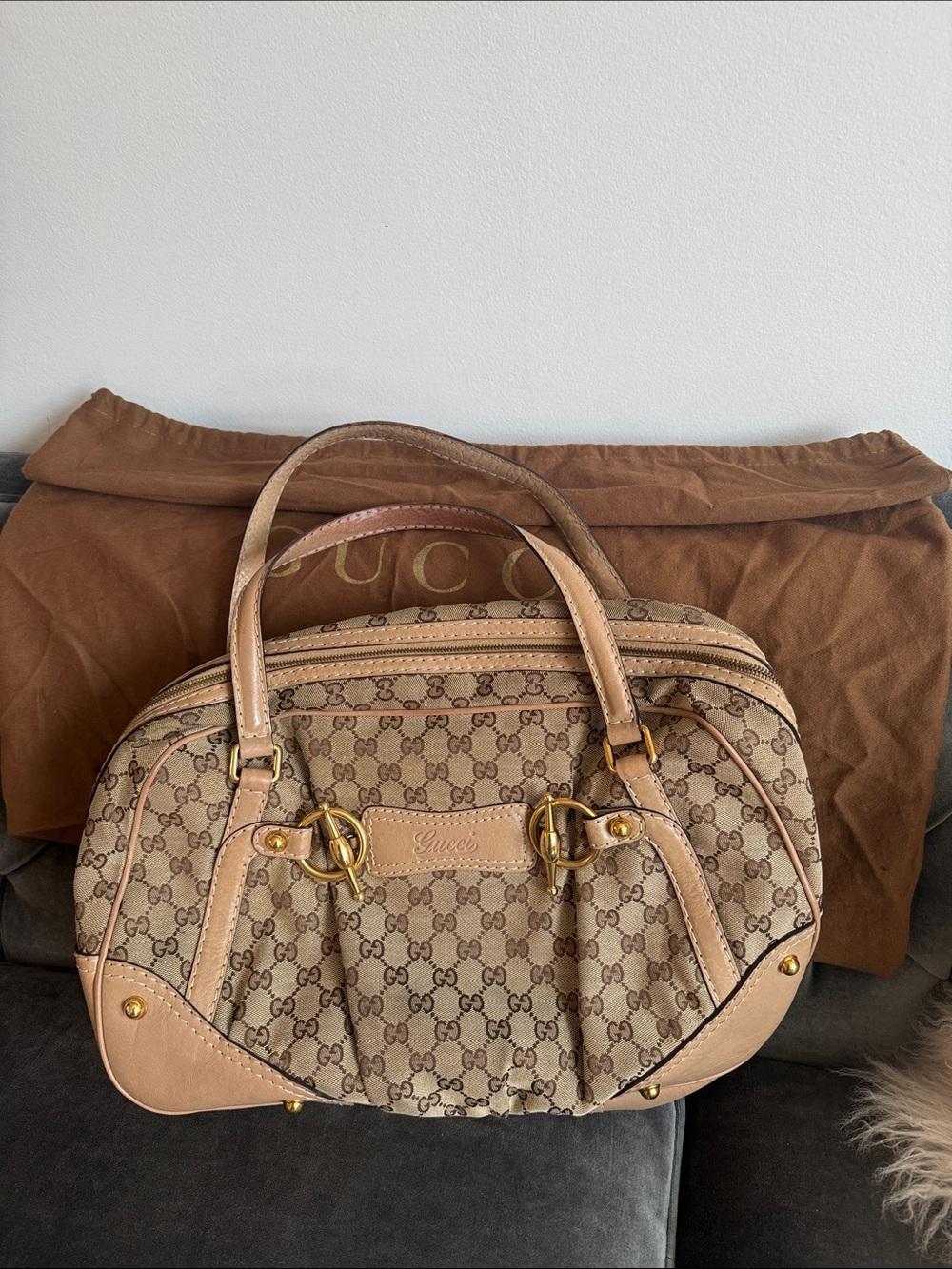 Gucci Brown Beige GG Canvas Jockey Boston Monogram Bag with Gold Hardware